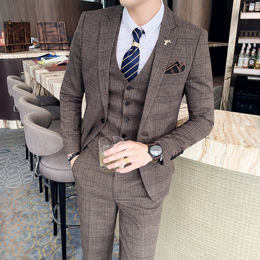 Boutique Fashion Mens Plaid Casual Business Suit High-end Social Formal Suit 3 Pcs Set Groom Wedding