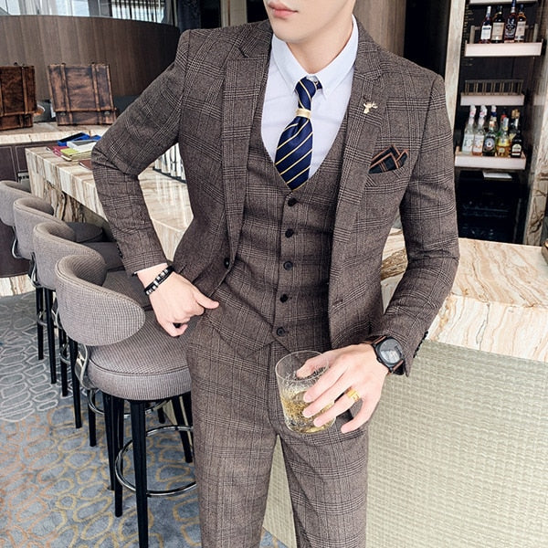 Boutique Fashion Mens Plaid Casual Business Suit High-end Social Formal Suit 3 Pcs Set Groom Wedding