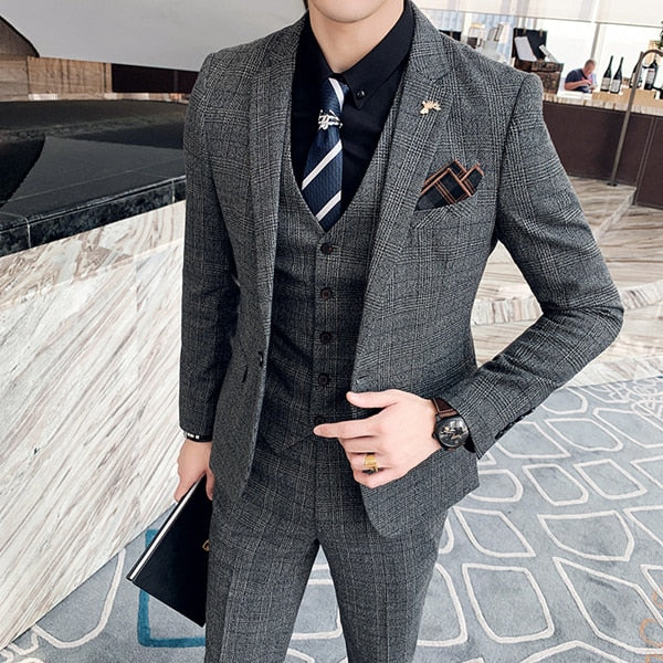 Boutique Fashion Mens Plaid Casual Business Suit High-end Social Formal Suit 3 Pcs Set Groom Wedding