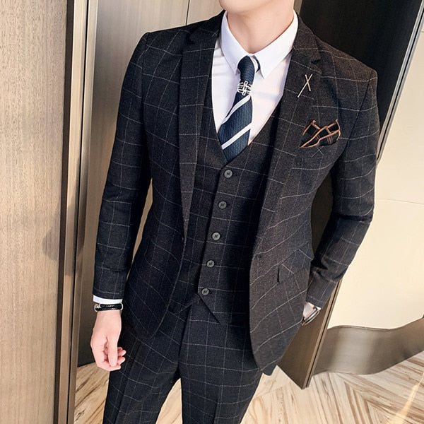 Boutique Fashion Mens Plaid Casual Business Suit High-end Social Formal Suit 3 Pcs Set Groom Wedding