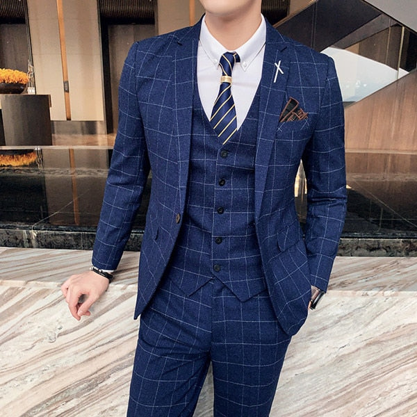 Boutique Fashion Mens Plaid Casual Business Suit High-end Social Formal Suit 3 Pcs Set Groom Wedding