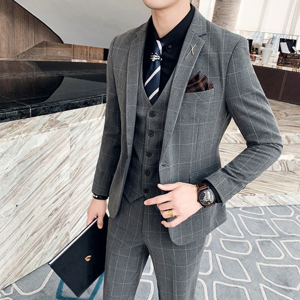 Boutique Fashion Mens Plaid Casual Business Suit High-end Social Formal Suit 3 Pcs Set Groom Wedding