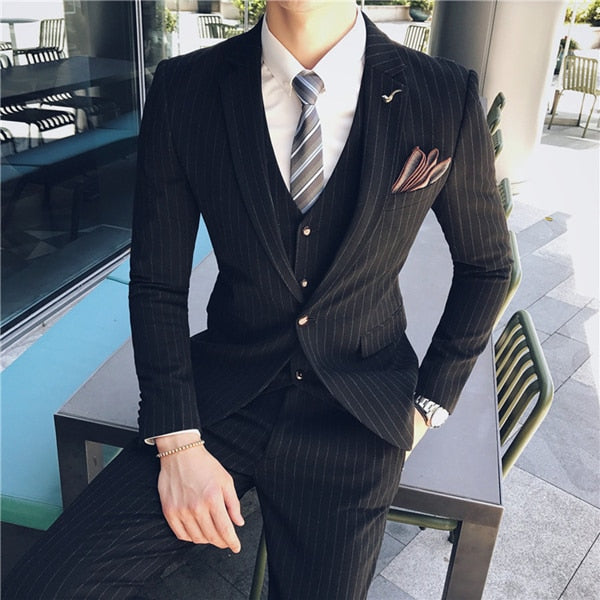 Boutique Fashion Mens Plaid Casual Business Suit High-end Social Formal Suit 3 Pcs Set Groom Wedding