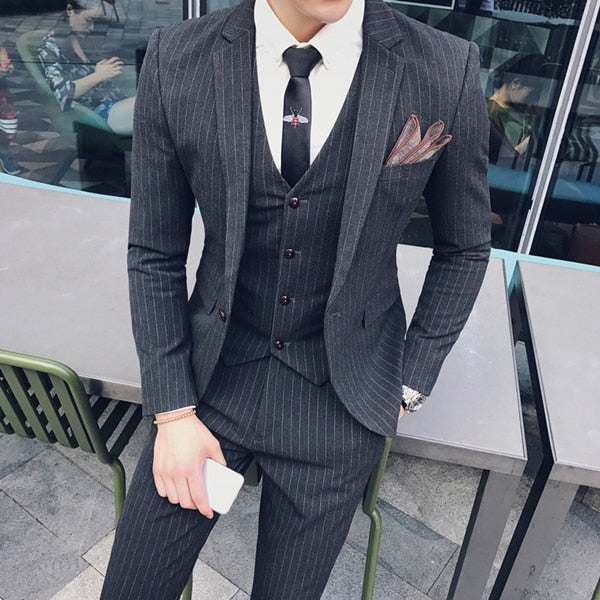 Boutique Fashion Mens Plaid Casual Business Suit High-end Social Formal Suit 3 Pcs Set Groom Wedding