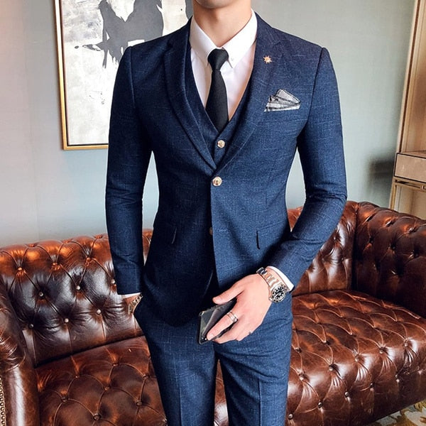 Boutique Fashion Mens Plaid Casual Business Suit High-end Social Formal Suit 3 Pcs Set Groom Wedding