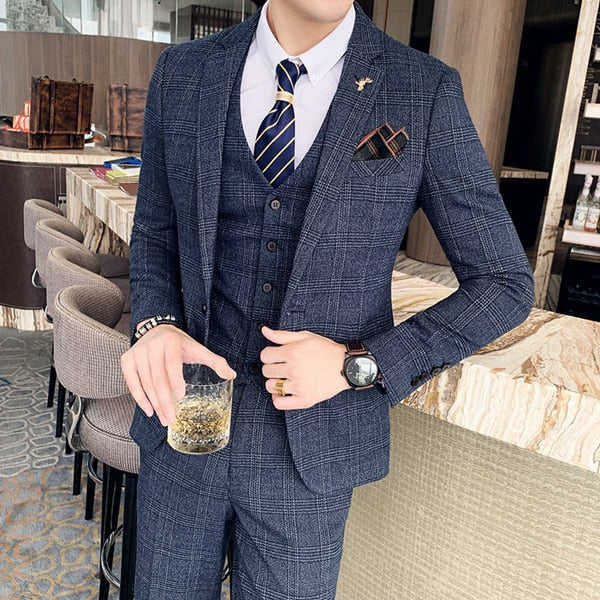 Boutique Fashion Mens Plaid Casual Business Suit High-end Social Formal Suit 3 Pcs Set Groom Wedding