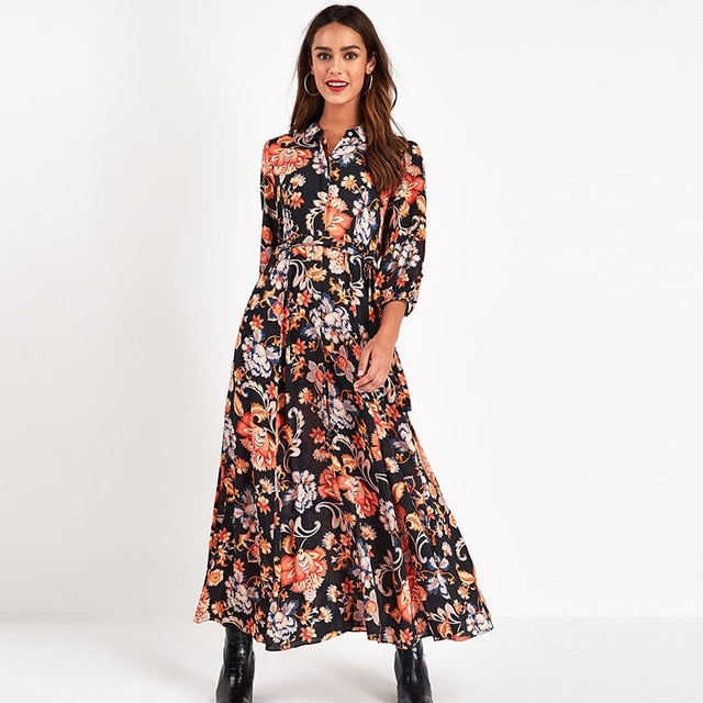 Vintage Floral Print Maxi Dress Women Boho