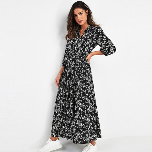 Vintage Floral Print Maxi Dress Women Boho