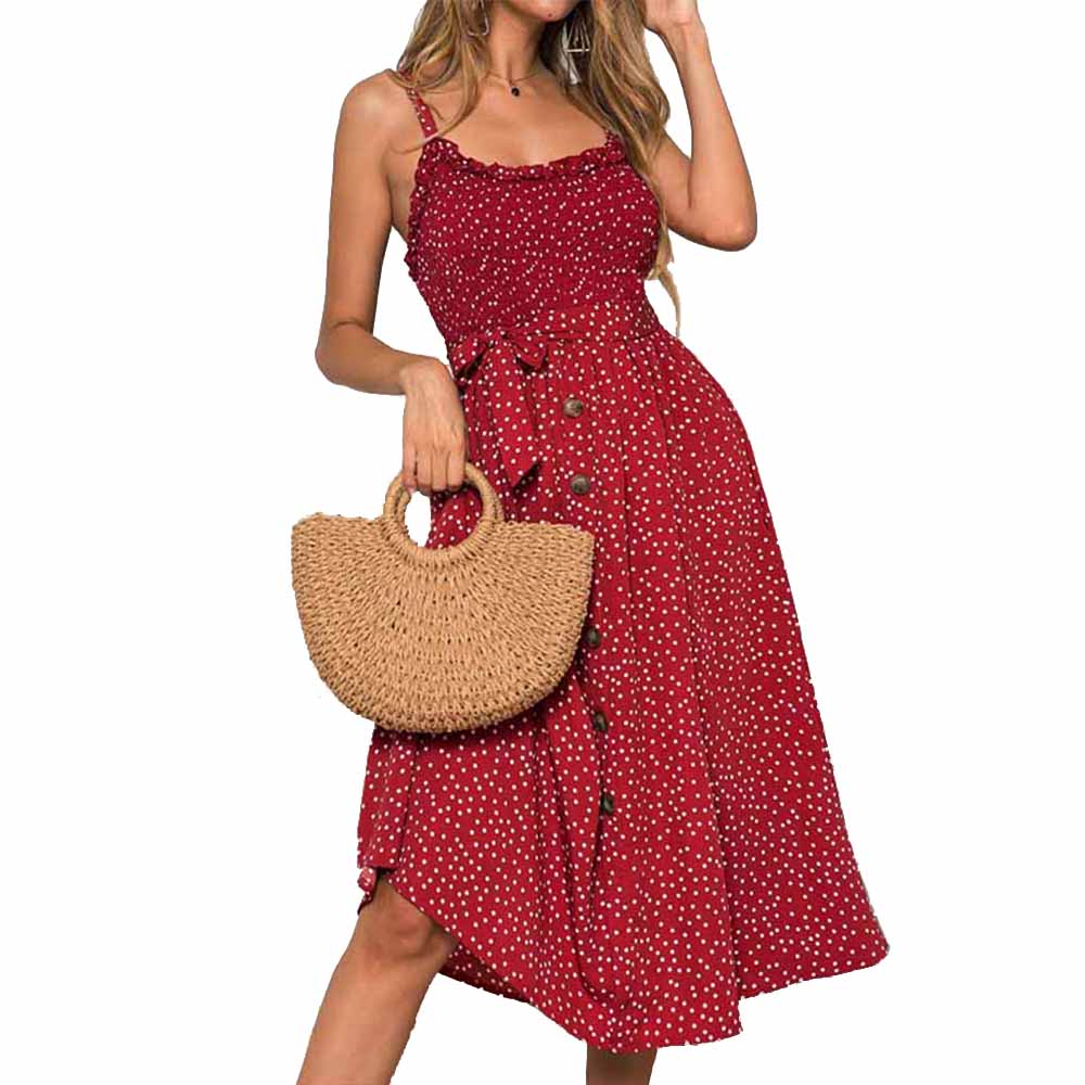 Summer Sleeveless Slip Dress Women Strapless Bow Button Loose Bandage Pleated Polka Dot Sundress Casual Backless Vestidos