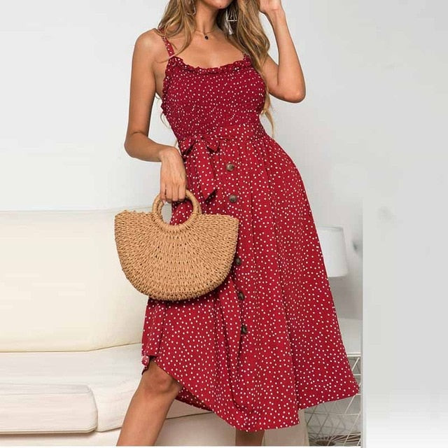 Summer Sleeveless Slip Dress Women Strapless Bow Button Loose Bandage Pleated Polka Dot Sundress Casual Backless Vestidos