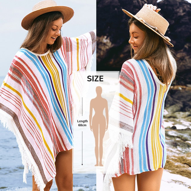 White Crochet Bikini Cover Up with Fringe Trim Women Hollow Tunic Beach Dress 2021 Summer Bathing Suit Beachwear