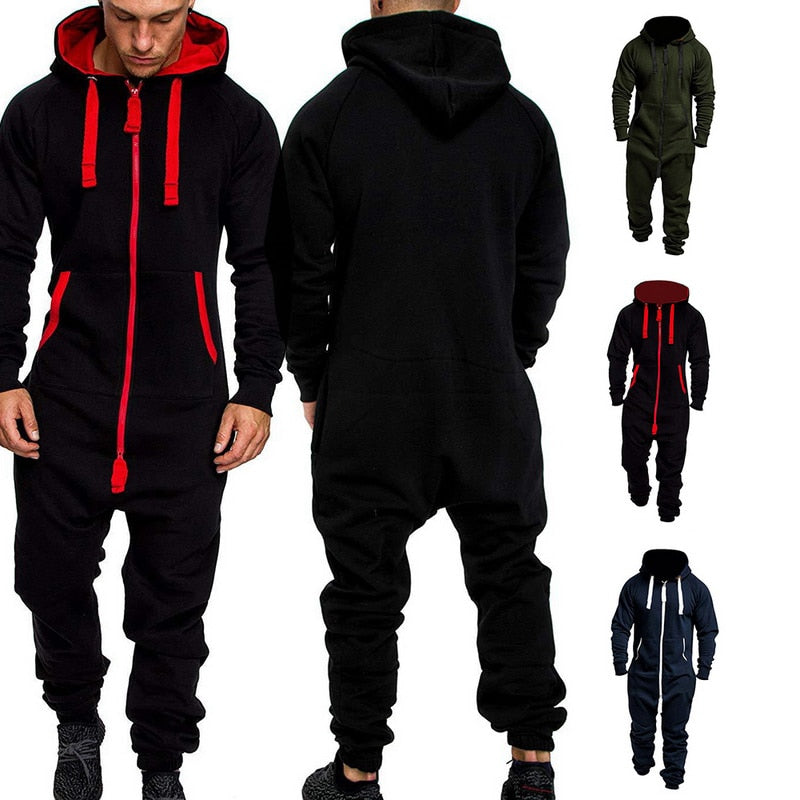 Autumn Winter Hoodies Overalls For Men Splicing Jumpsuit