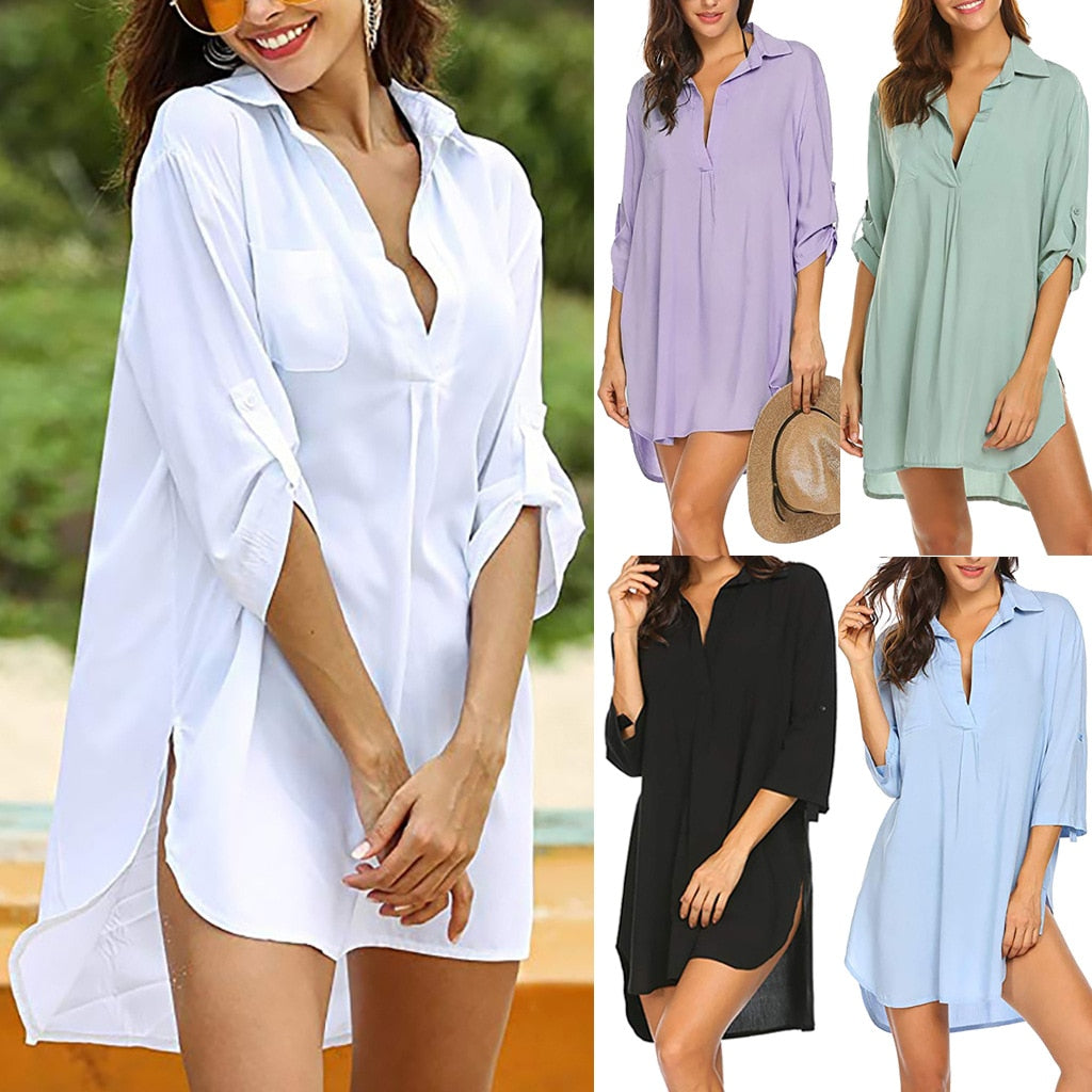 New Fashion Women Swimsuit Cover Ups Shirts, Ladies Bathing Suit Cover Ups Mini Dress Bikini Beach Tunic Tops