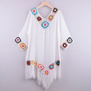 White Bikini Cover Up With Fringe Trim  Hollow Tunic Beach Dress 2021 Summer Bathing Suit Beachwear