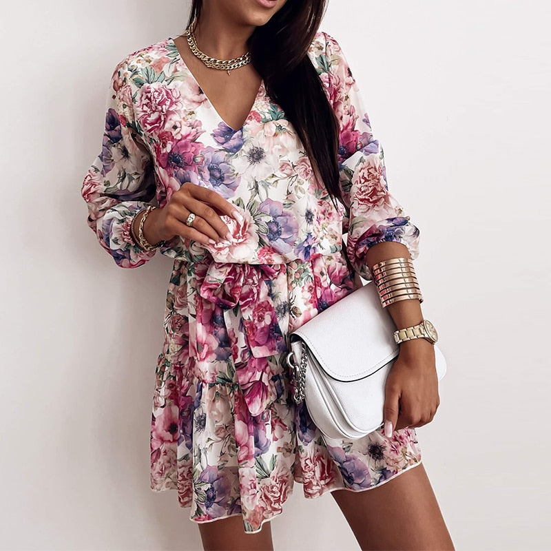 Chiffon V Neck Flower Print Dress