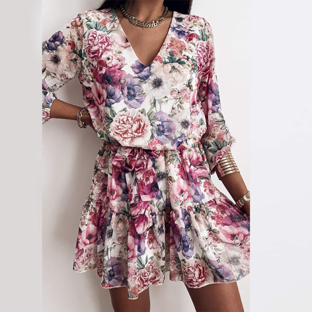 Chiffon V Neck Flower Print Dress