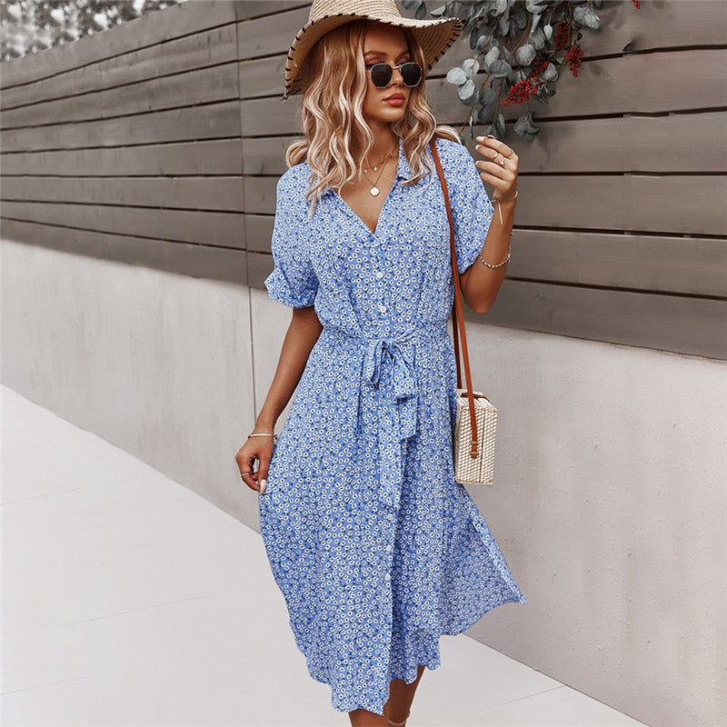 Casual Short Sleeve Button Floral Print Dress