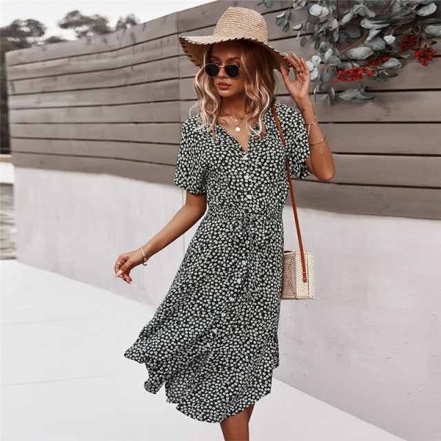 Casual Short Sleeve Button Floral Print Dress