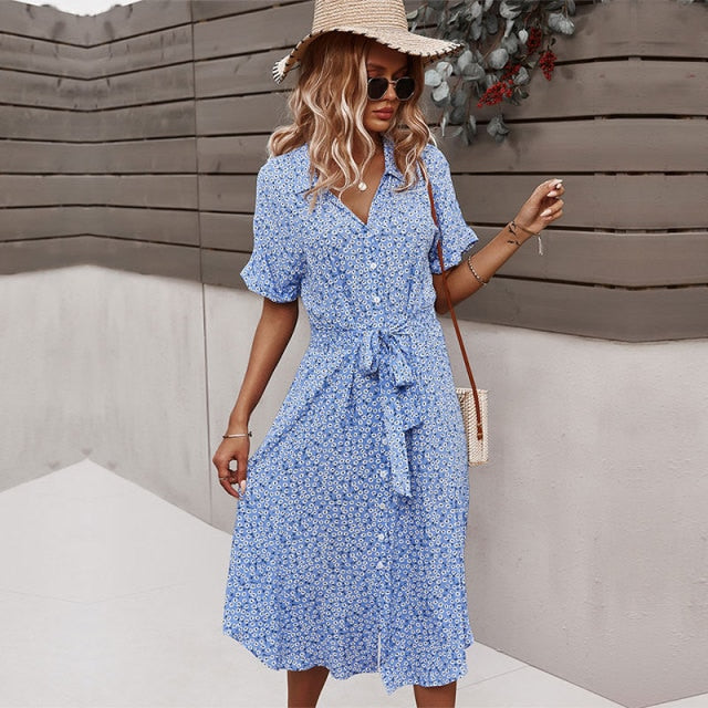 Casual Short Sleeve Button Floral Print Dress