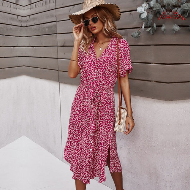 Casual Short Sleeve Button Floral Print Dress