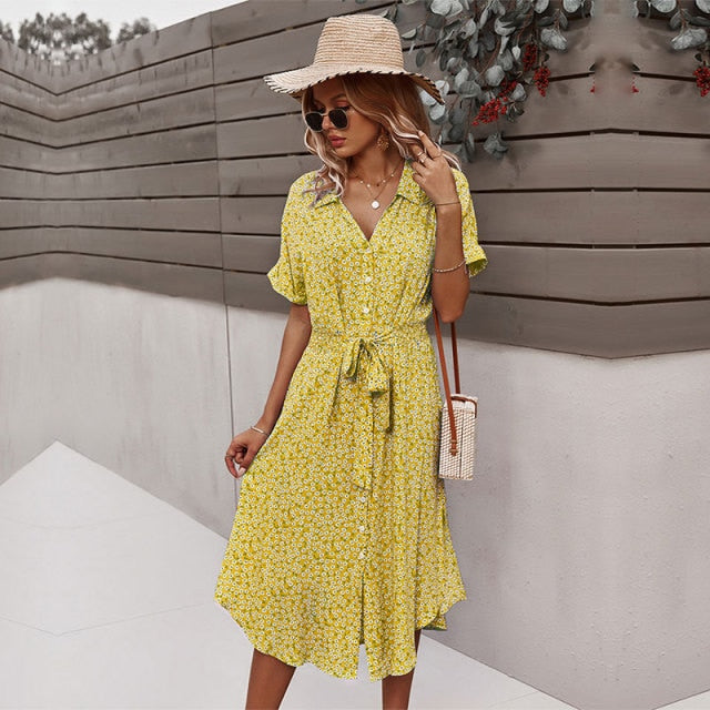 Casual Short Sleeve Button Floral Print Dress