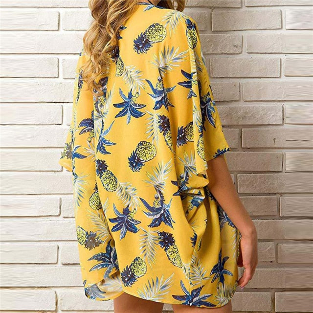 Casual Leaves Print Chiffon Kaftan Beach Cover Up