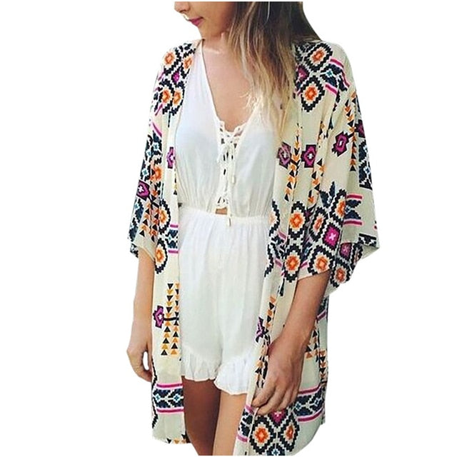 Casual Leaves Print Chiffon Kaftan Beach Cover Up