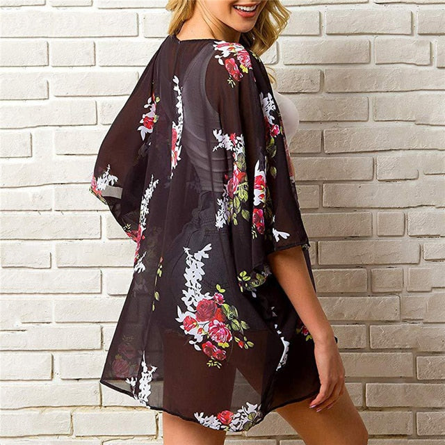 Casual Leaves Print Chiffon Kaftan Beach Cover Up