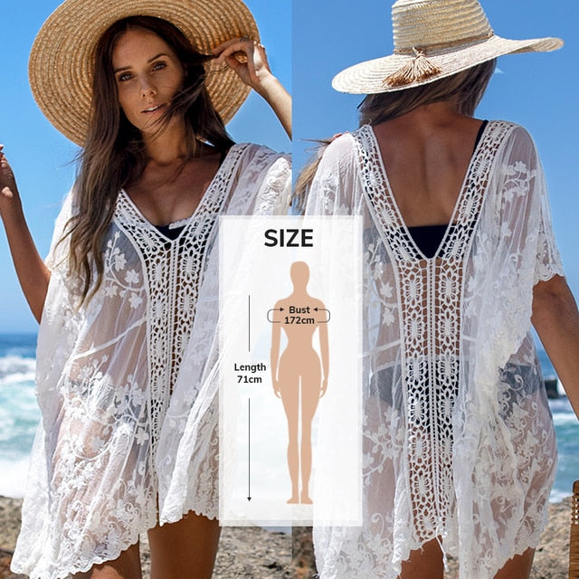 White Crochet Bikini Cover Up with Fringe Trim Women Hollow Tunic Beach Dress 2021 Summer Bathing Suit Beachwear