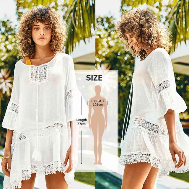 White Crochet Bikini Cover Up with Fringe Trim Women Hollow Tunic Beach Dress 2021 Summer Bathing Suit Beachwear