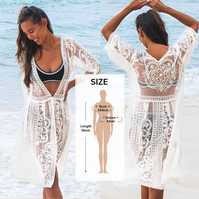 White Crochet Bikini Cover Up with Fringe Trim Women Hollow Tunic Beach Dress 2021 Summer Bathing Suit Beachwear