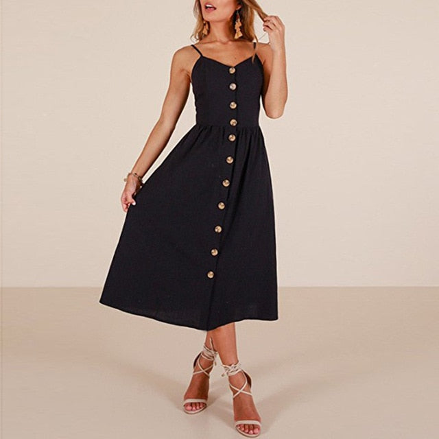 Vintage Casual Sundress Female Beach Dress Midi Button Backless Polka Dot Striped Women Dress Summer