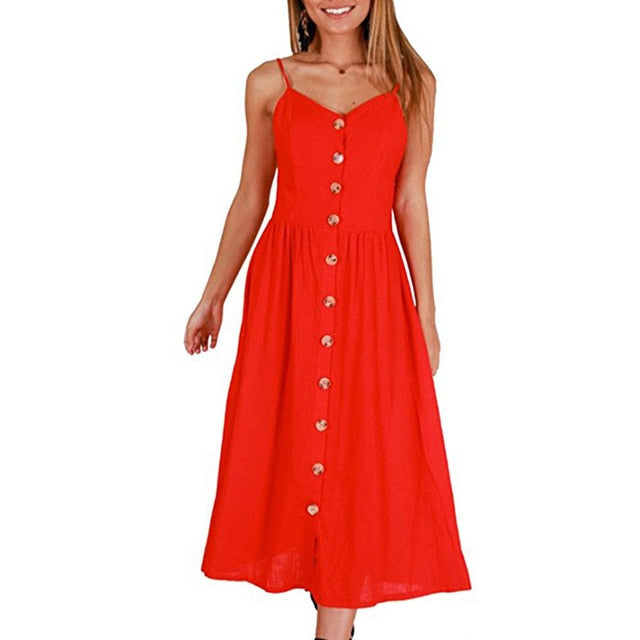 Vintage Casual Sundress Female Beach Dress Midi Button Backless Polka Dot Striped Women Dress Summer