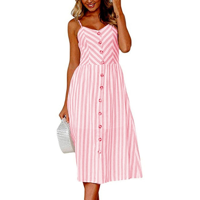 Vintage Casual Sundress Female Beach Dress Midi Button Backless Polka Dot Striped Women Dress Summer