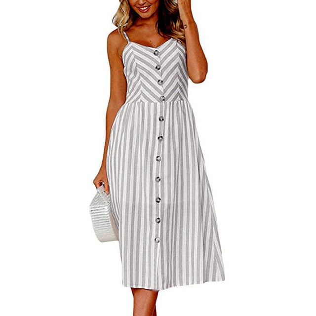 Vintage Casual Sundress Female Beach Dress Midi Button Backless Polka Dot Striped Women Dress Summer