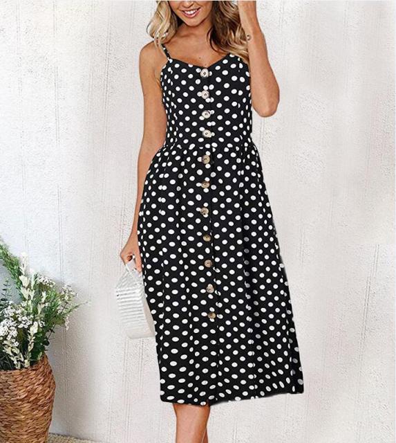 Vintage Casual Sundress Female Beach Dress Midi Button Backless Polka Dot Striped Women Dress Summer