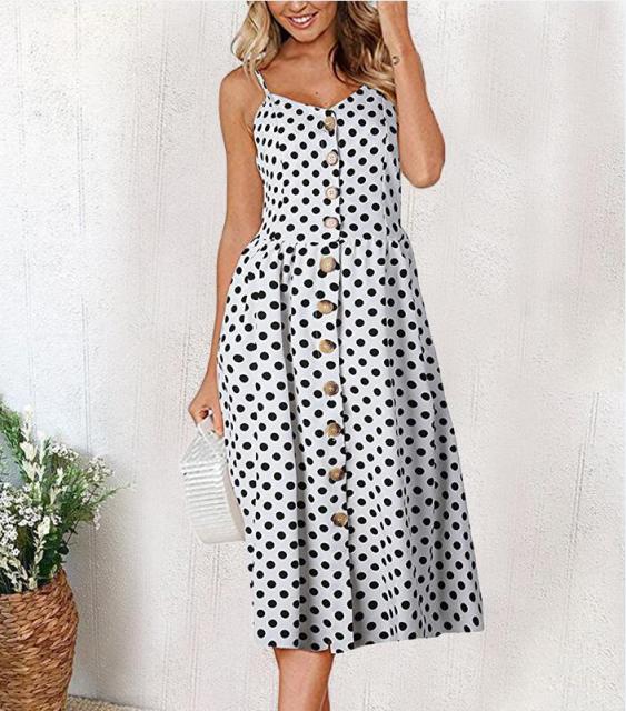 Vintage Casual Sundress Female Beach Dress Midi Button Backless Polka Dot Striped Women Dress Summer