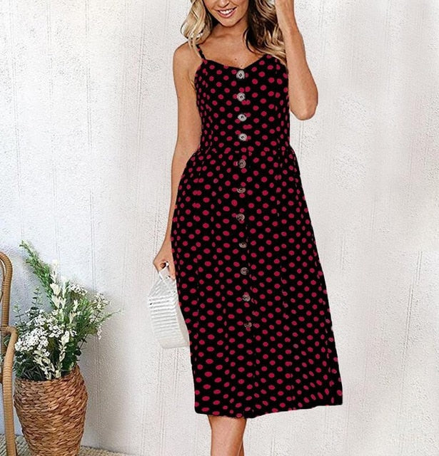 Vintage Casual Sundress Female Beach Dress Midi Button Backless Polka Dot Striped Women Dress Summer