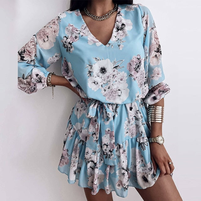 Chiffon V Neck Flower Print Dress