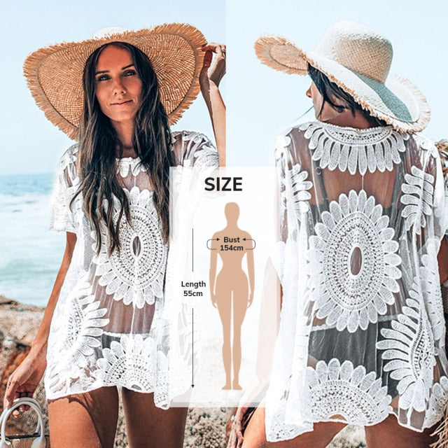 White Crochet Bikini Cover Up with Fringe Trim Women Hollow Tunic Beach Dress 2021 Summer Bathing Suit Beachwear