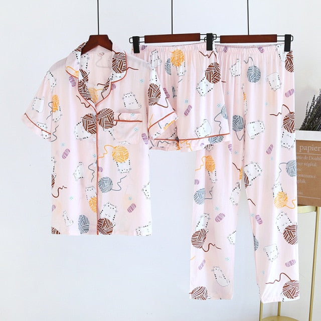 Spring And Summer Pajamas Three-piece Short Sleeve + Shorts + Trousers