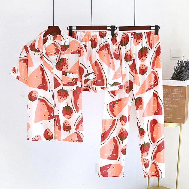 Spring And Summer Pajamas Three-piece Short Sleeve + Shorts + Trousers