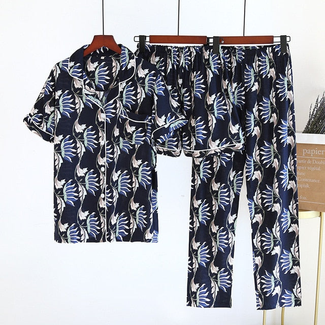 Spring And Summer Pajamas Three-piece Short Sleeve + Shorts + Trousers