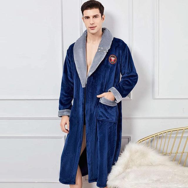 Autumn Winter Nightdress Blue Men Casual Coral Fleece Sleepwear