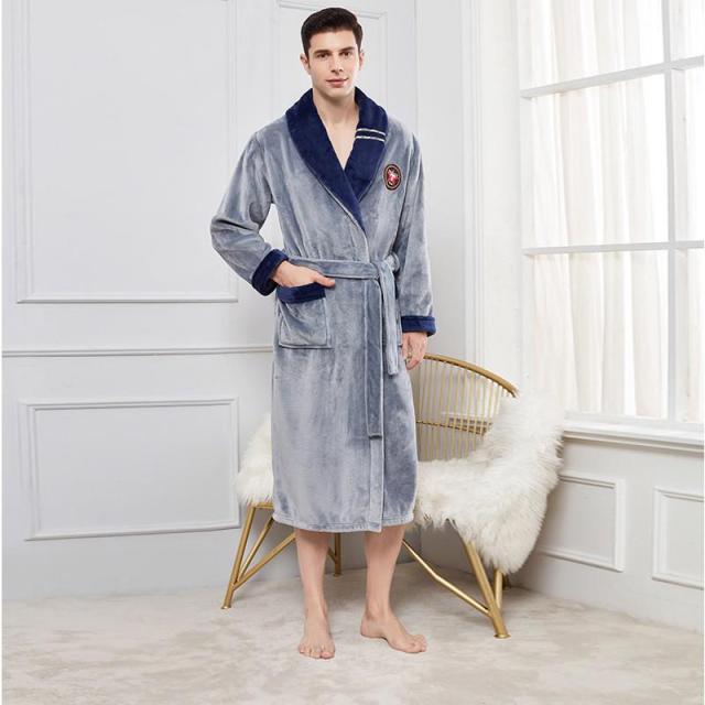 Autumn Winter Nightdress Blue Men Casual Coral Fleece Sleepwear