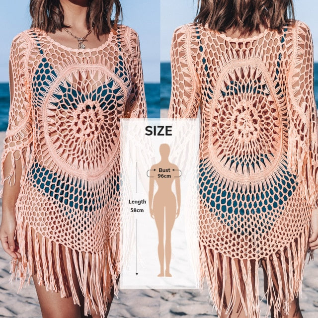 White Crochet Bikini Cover Up with Fringe Trim Women Hollow Tunic Beach Dress 2021 Summer Bathing Suit Beachwear