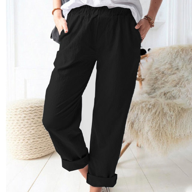 Cotton Linen Big Pocket Thin Women's Pants Solid Elastic Waist