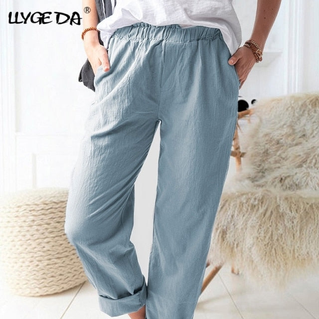 Cotton Linen Big Pocket Thin Women's Pants Solid Elastic Waist