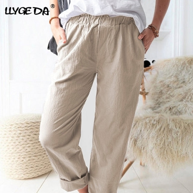 Cotton Linen Big Pocket Thin Women's Pants Solid Elastic Waist