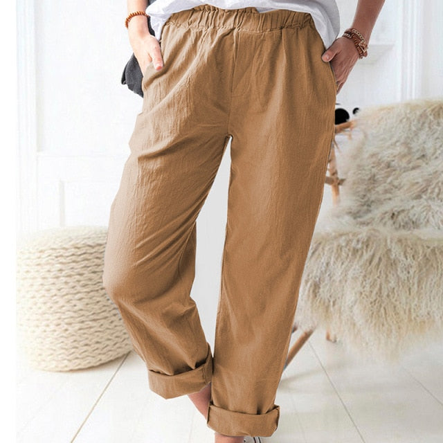 Cotton Linen Big Pocket Thin Women's Pants Solid Elastic Waist